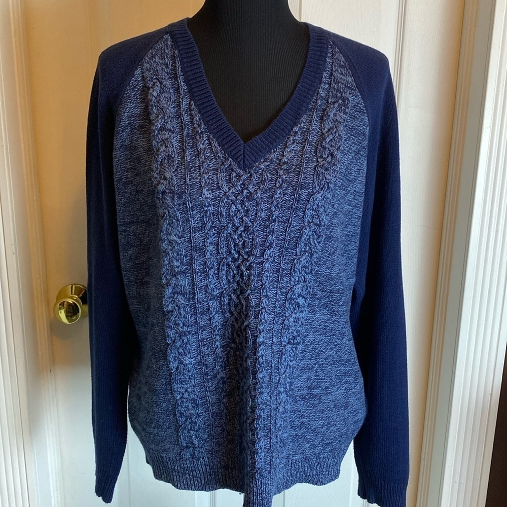 Chaps Classics Navy Blue Part Marl Cable Knit V-Neck Sweater sz XL
